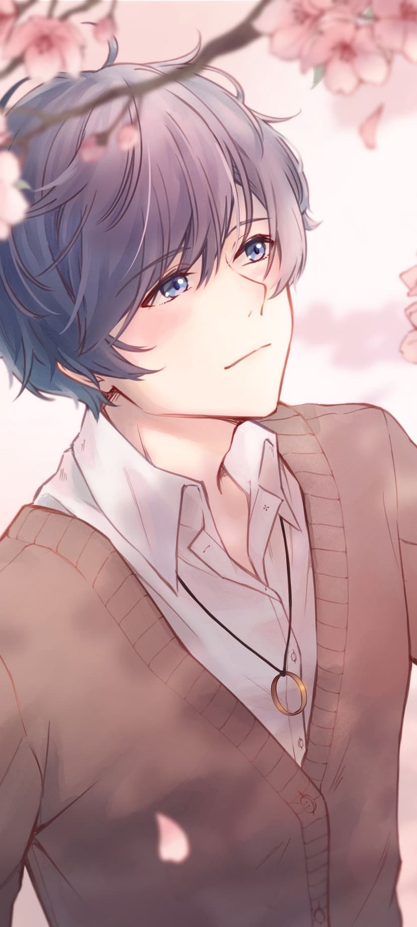Anime boy with blue hair and eyes looks up at pink cherry blossom petals while wearing a brown cardigan.