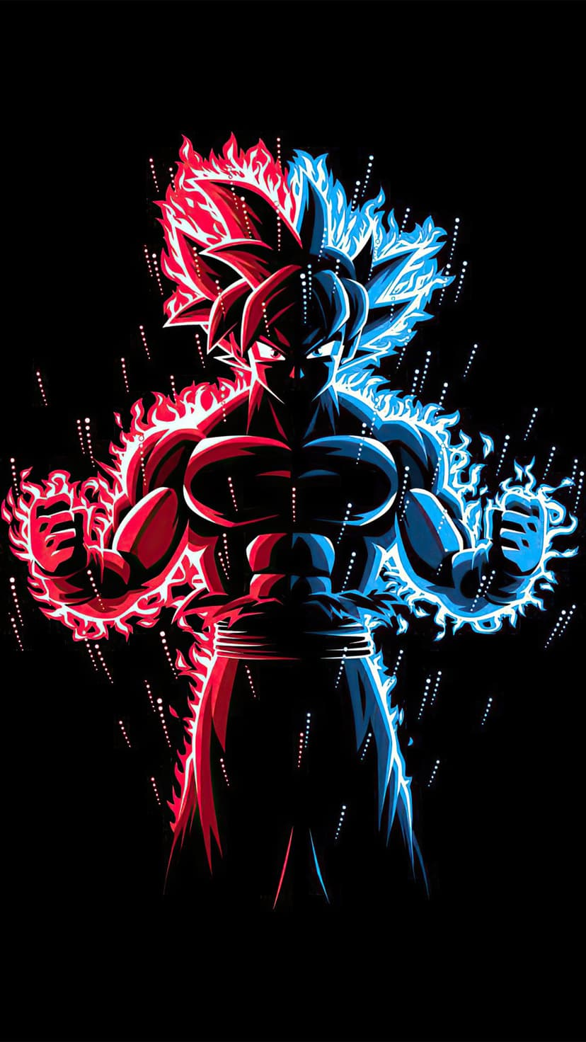 Goku in Ultra Instinct form stands as a dark silhouette with glowing red and blue neon light auras on a black backdrop.