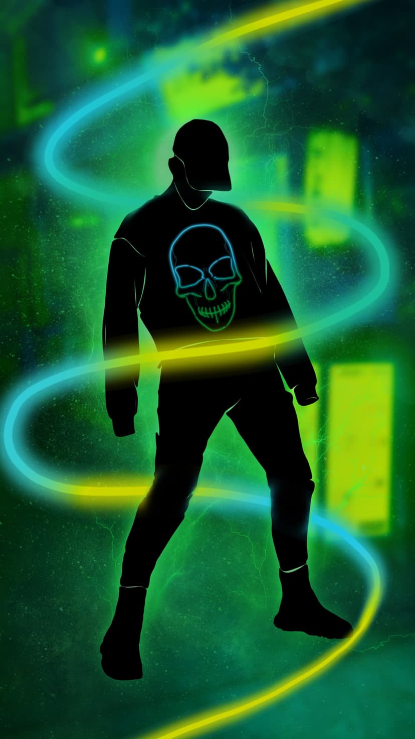 Shadowed person with a glowing neon skull on their shirt against swirling green and cyan light trails.