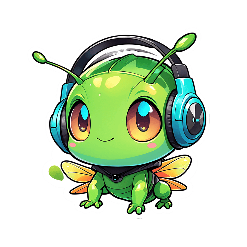 Green insect sticker with light blue headphones and reflective glossy body shows large expressive brown eyes.