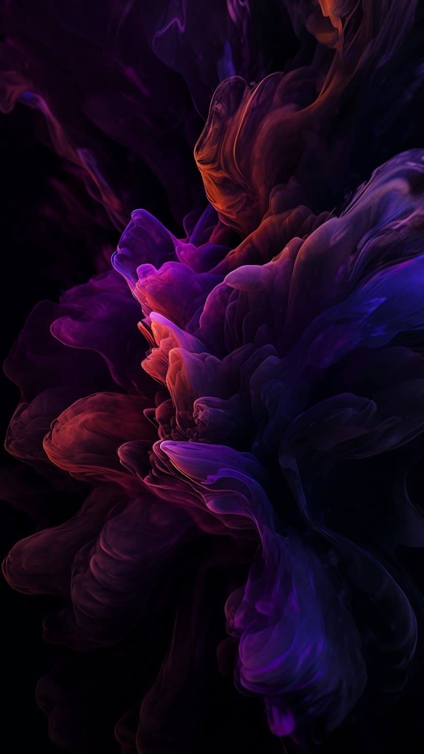 Vibrant purple and orange smoke tendrils swirling against a black background in a vertical composition.