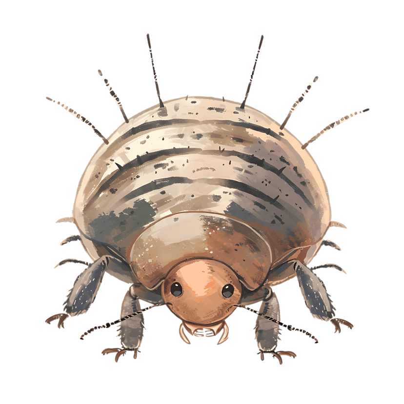 Striped insect watercolor illustration featuring a round segmented body, long beaded antennae, and six legs.