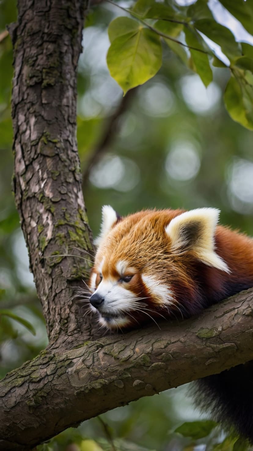 Red panda with russet fur sleeps on a textured tree branch surrounded by blurred green leaves in a forest canopy.