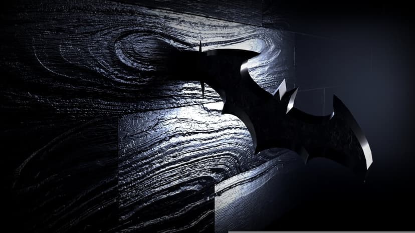 Batman logo shadow cast onto a dark wooden surface with prominent grain details and dramatic low-key lighting.