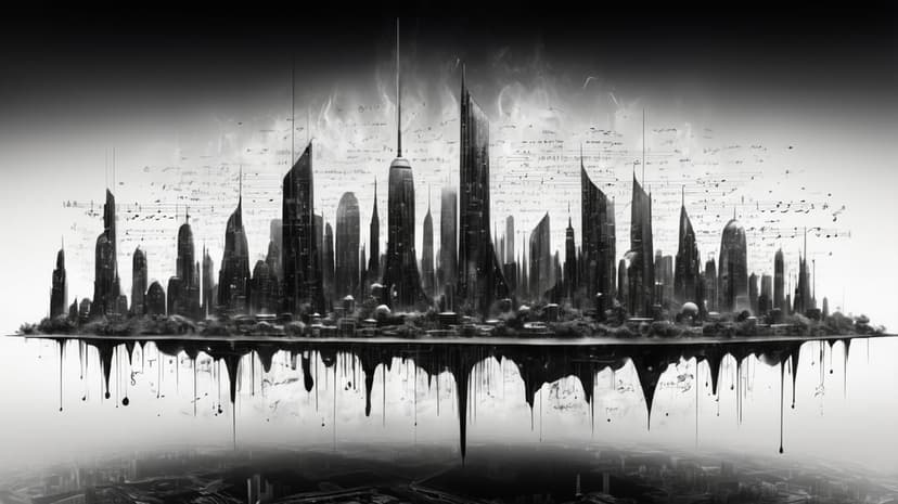 Stylized skyscrapers melt into dark fluid drips against a gray gradient background in a vertical composition.
