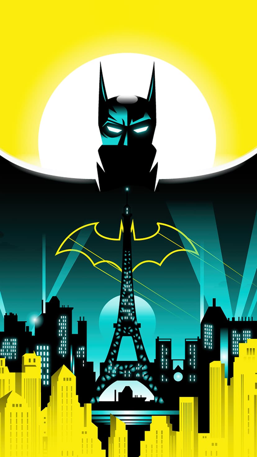 Batman's cowl silhouette frames the Eiffel Tower and a bat-signal against a glowing yellow and teal night sky.