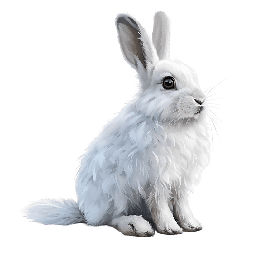 White rabbit with long ears and soft fur texture sits in profile view against a transparent background.