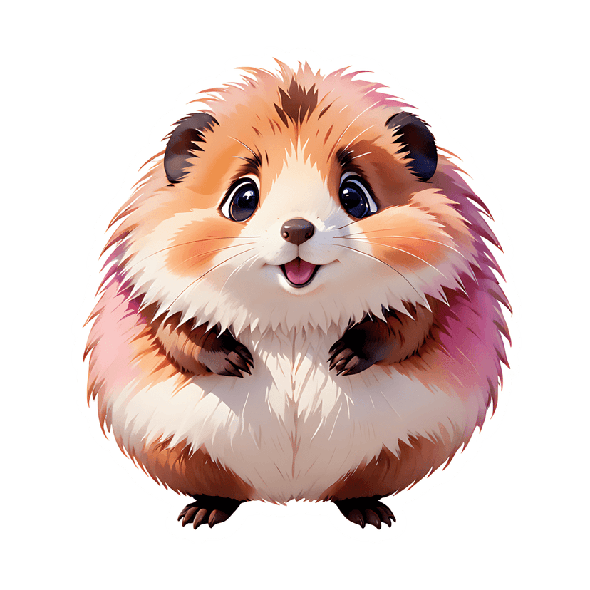 Hamster sticker illustration with multi-toned fur, blue eyes, and rosy cheeks on a clean white background.