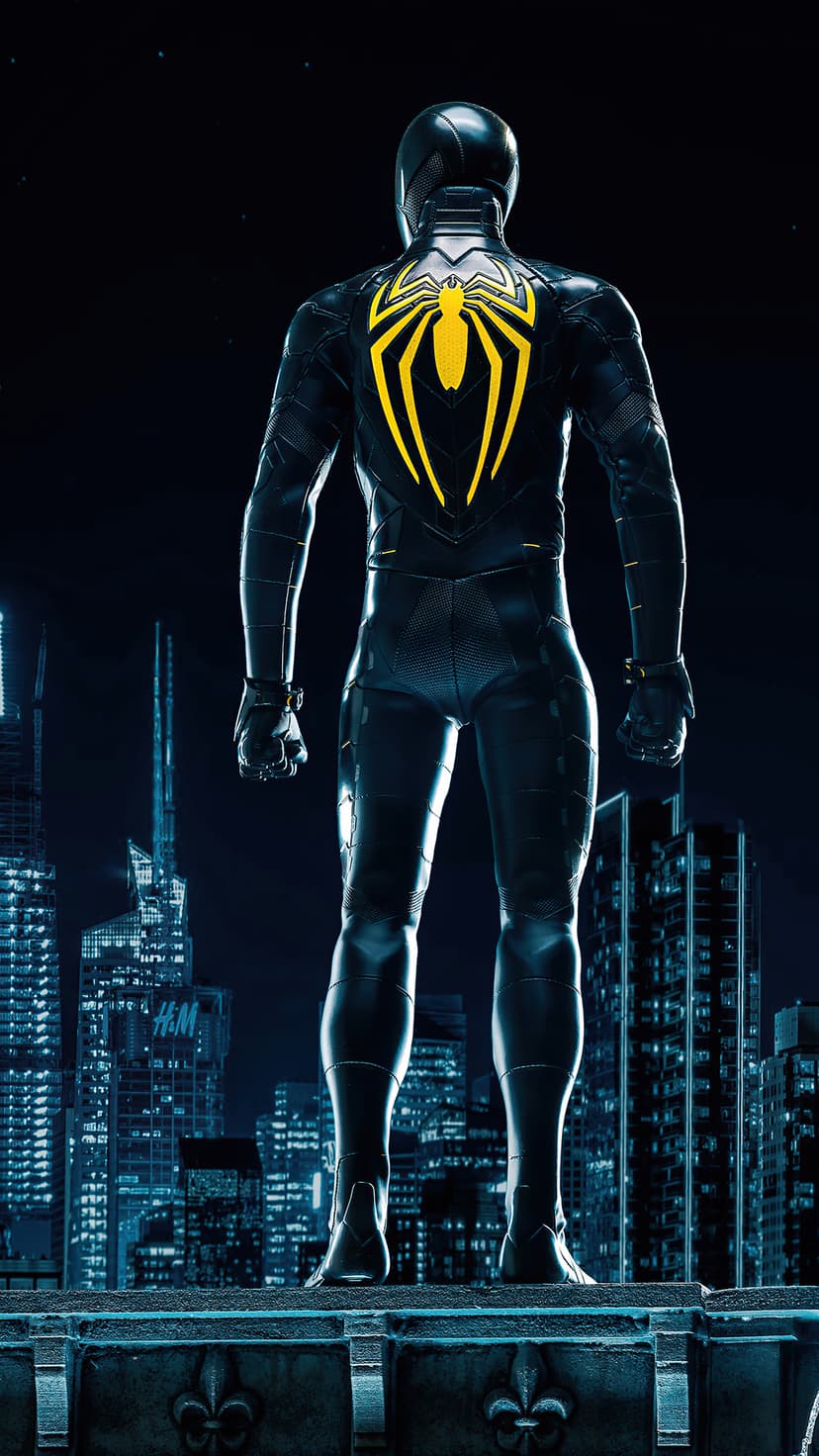 Spider-Man wearing a black suit with a yellow emblem stands on a rooftop overlooking a dark, lit-up city at night.