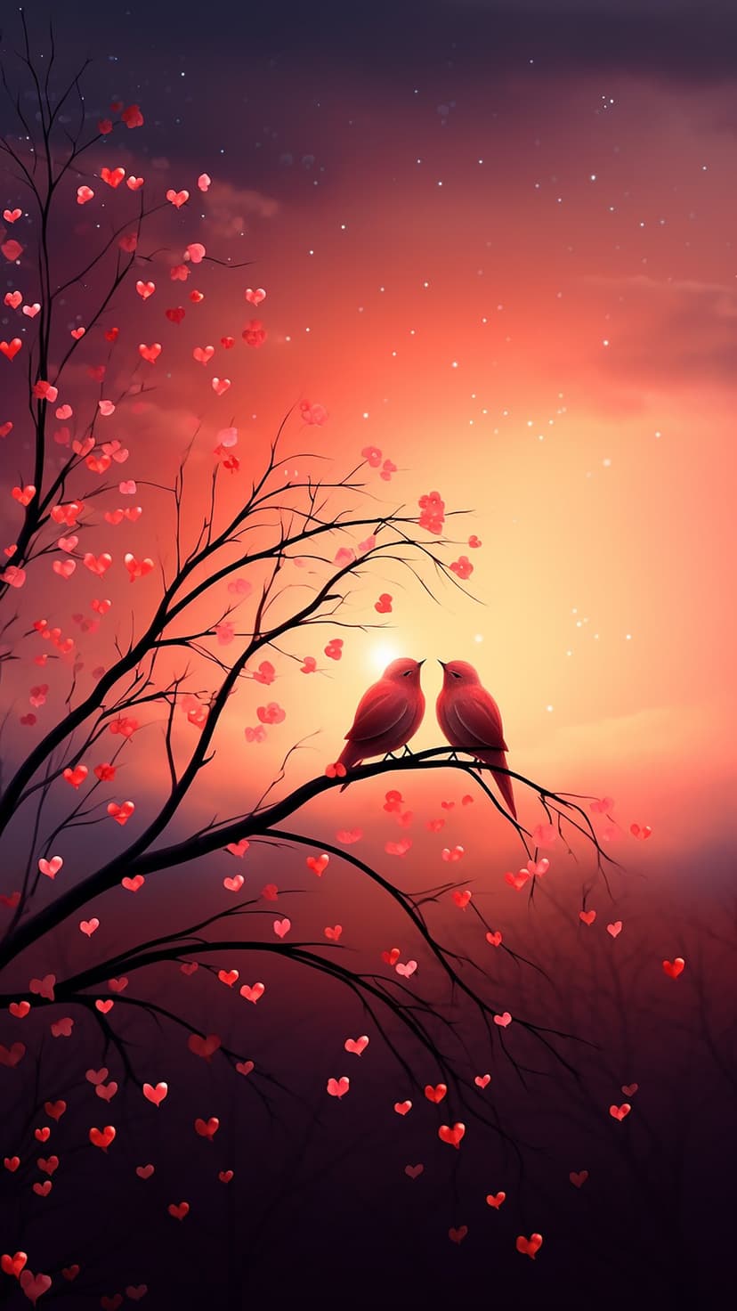Two pink birds perched on a branch with heart-shaped red blossoms against a warm sunset and starry sky.
