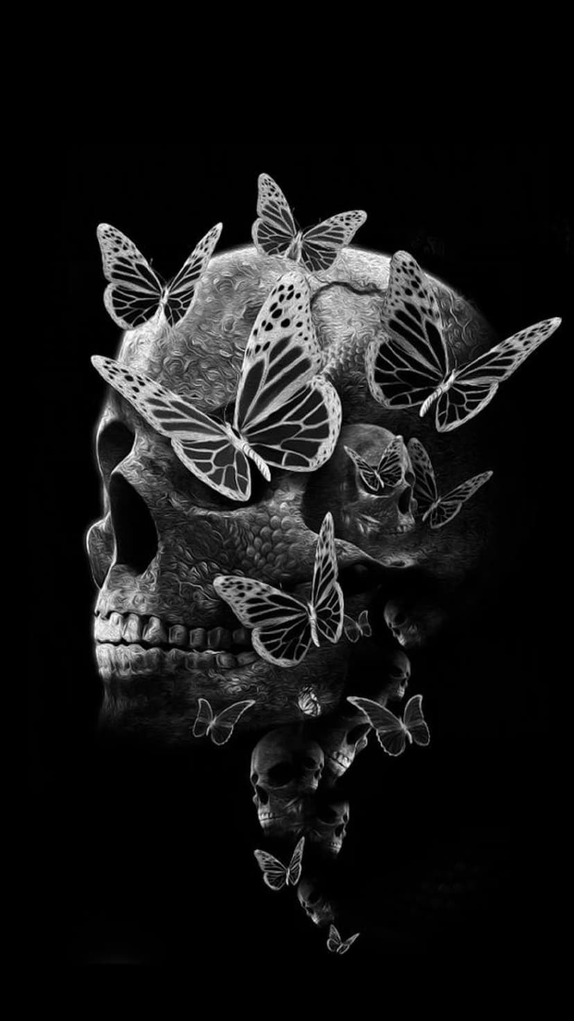 Human skull covered in numerous butterflies with detailed wing patterns against a dark moody background.