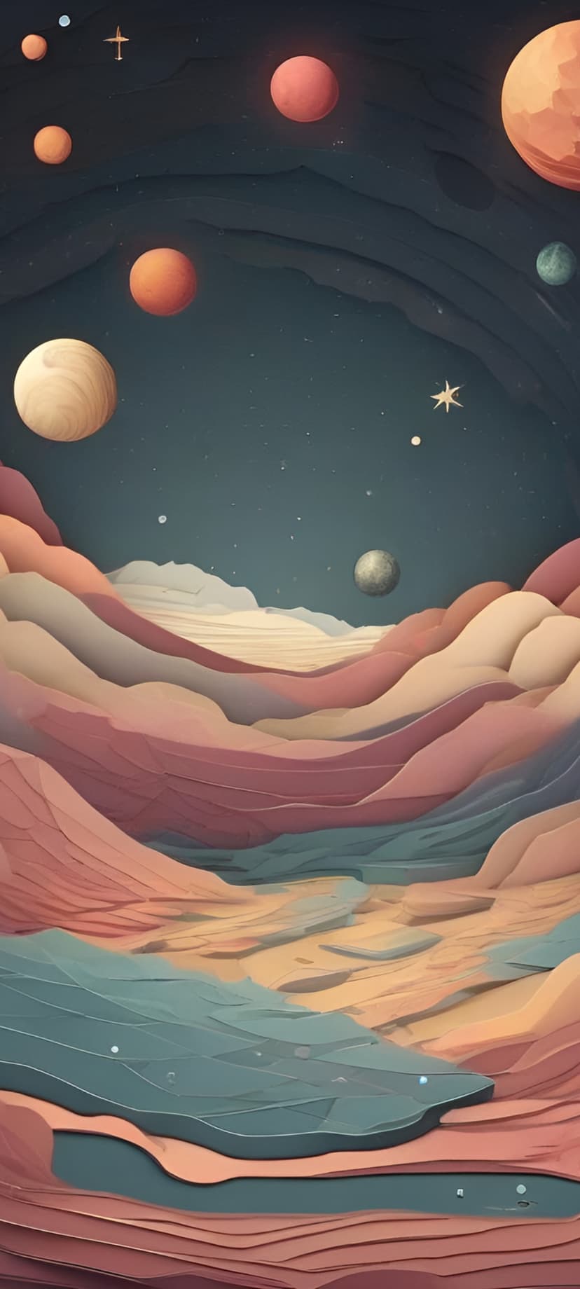 Soft pink desert dunes beneath a cosmic sky filled with a large orange planet and glowing celestial bodies.