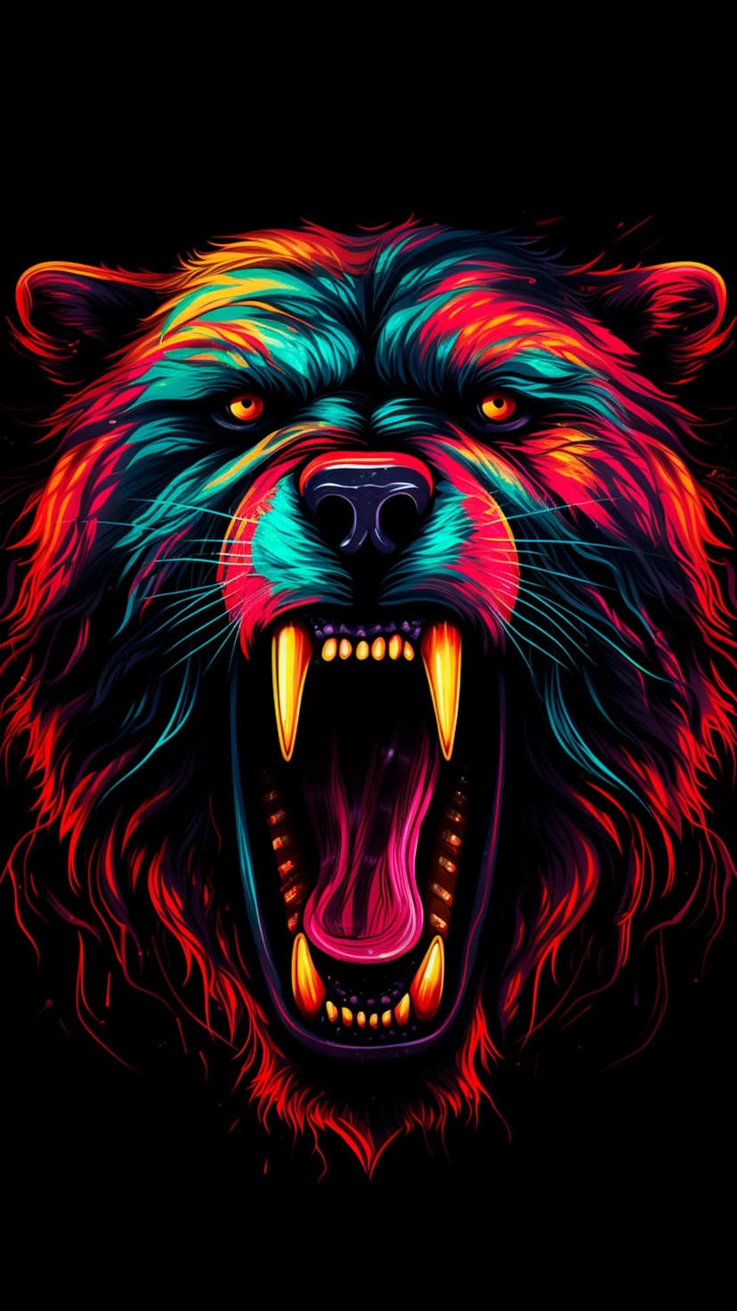 Bear with neon teal and orange fur roars showing sharp teeth against a solid black background for mobile screens.