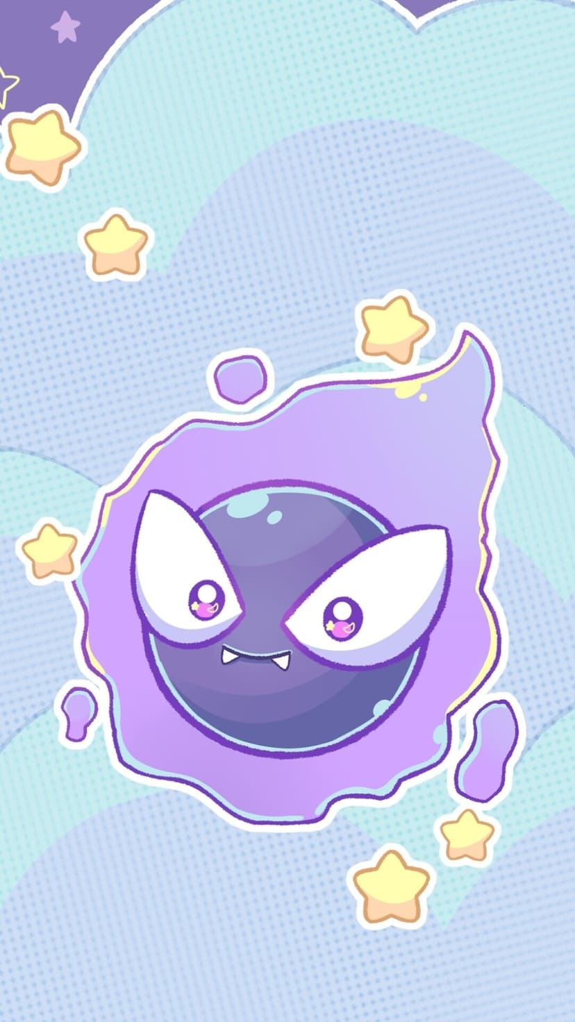 Stylized purple Gastly Pokémon with big sparkly eyes surrounded by lavender mist and yellow stars on pastel clouds.