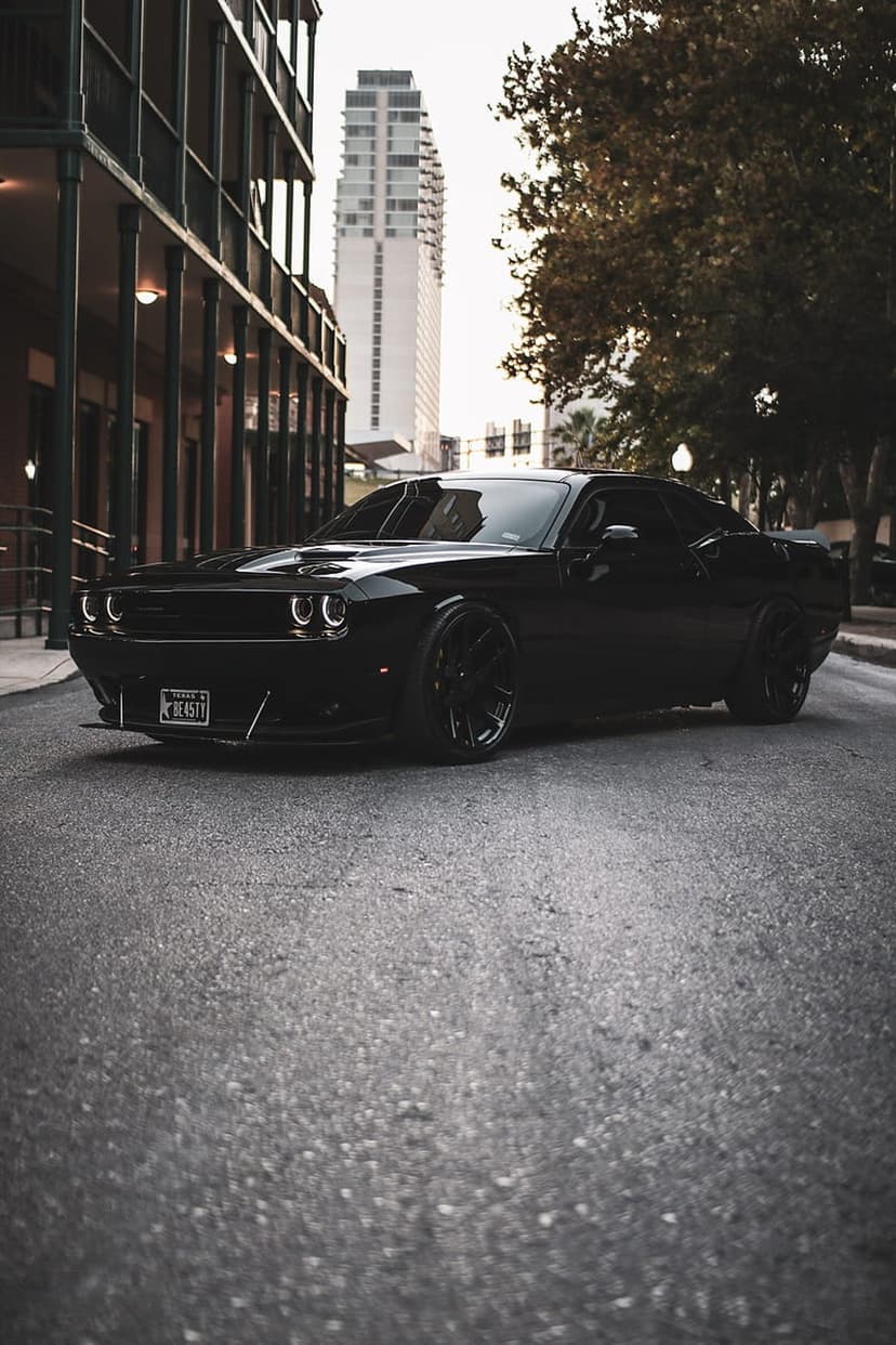 Black Dodge Challenger parked on a city street with autumn trees, a historic building, and a distant skyscraper.