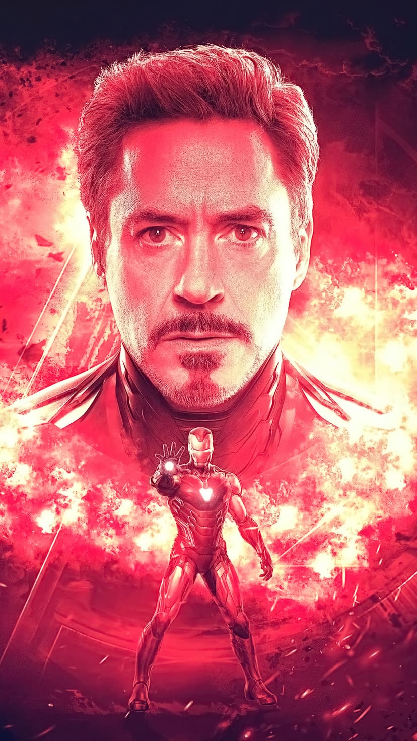 Tony Stark's face beside his red Iron Man helmet with glowing orange sparks and embers in a vertical layout.