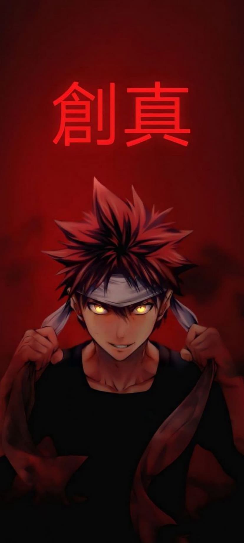 Red-haired anime chef with glowing yellow eyes adjusts a white headband against a crimson kanji background.