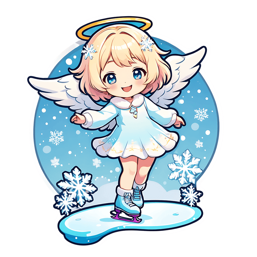 Blonde chibi angel wearing blue ice skates and gold halo glides across a snowflake-covered winter ice rink.