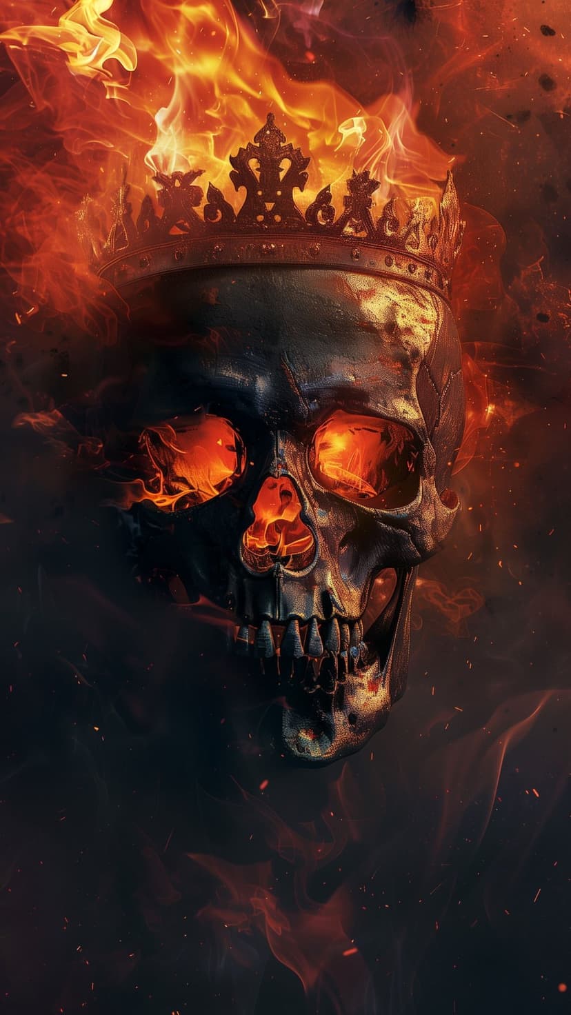 Skeletal king wearing a golden crown surrounded by swirling orange flames and dark grey smoke in a vertical view.