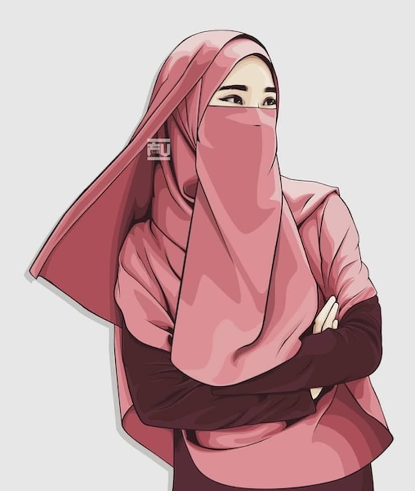 Muslim woman wearing a pink niqab and hijab with arms crossed against a simple, clean aesthetic background.