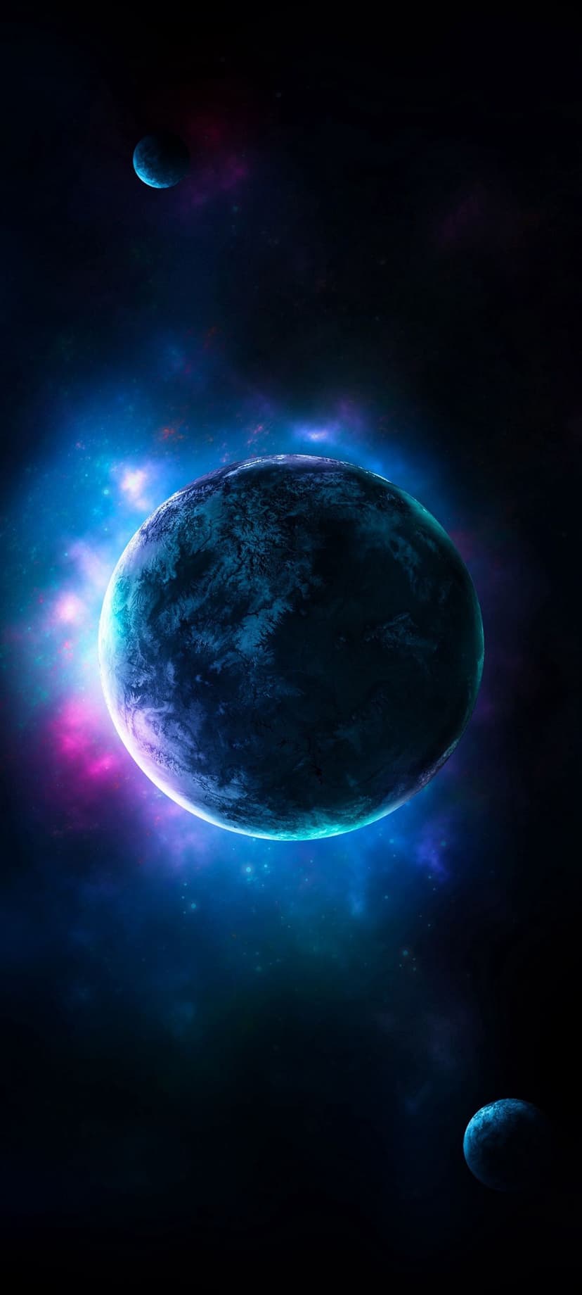 Blue Planet Amidst Pink and Turquoise Nebula Phone Wallpaper