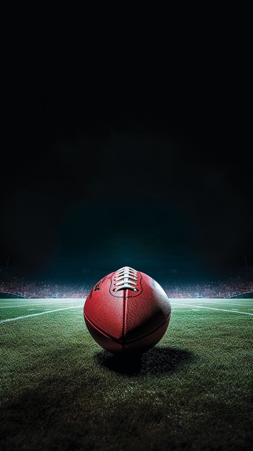 Red American football rests on green grass under bright stadium floodlights with a soft bokeh crowd background.