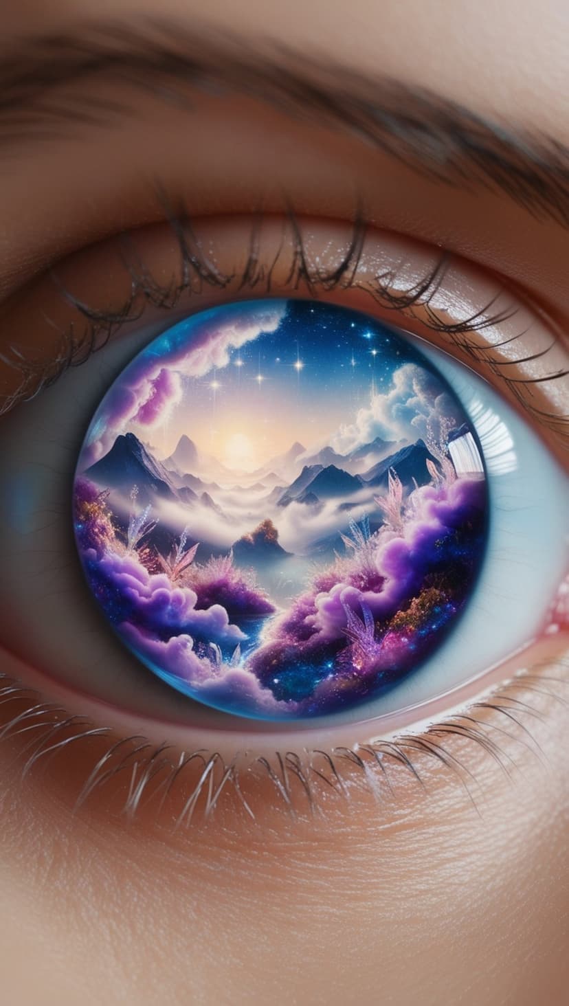Human iris reflecting a purple fantasy mountain range under a starry night sky with magenta clouds.