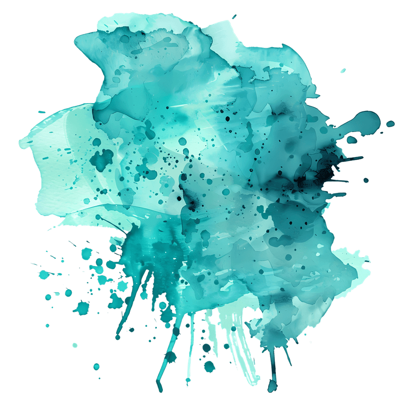Teal watercolor splash with layered cyan pigments and organic feathered edges against a transparent background.