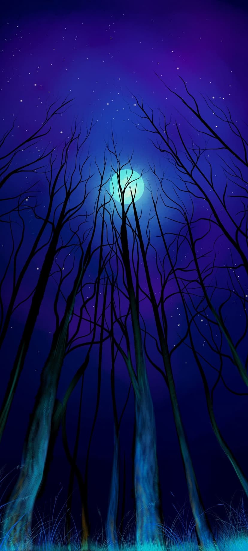 Giant full moon shines behind skeletal tree silhouettes over a glowing blue meadow under a purple starry sky.