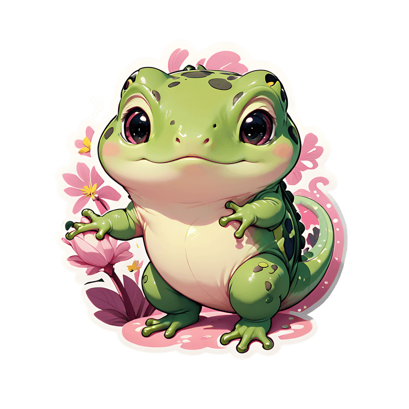 Green frog sticker sits among pink lotus blossoms and yellow flowers featuring a glossy 3D finish.
