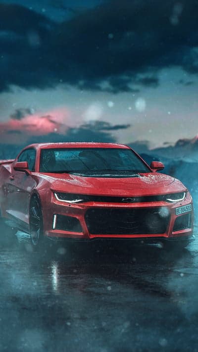 Red Chevrolet Camaro Rainy Road Cinematic Phone Wallpaper