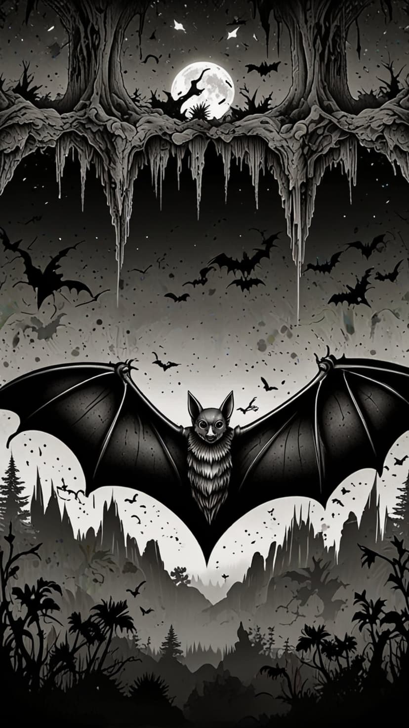 Bats swarm against a giant full moon over jagged rock spires and leafless trees in a dark nocturnal sky.