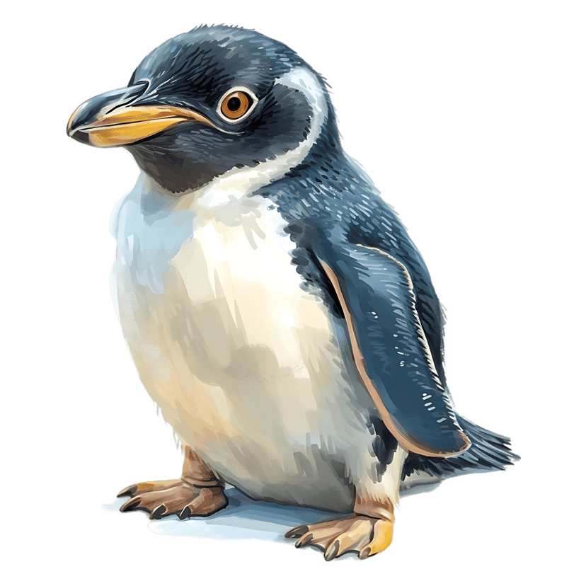 Little blue penguin digital painting featuring realistic slate feathers, white belly, and sharp orange eyes.