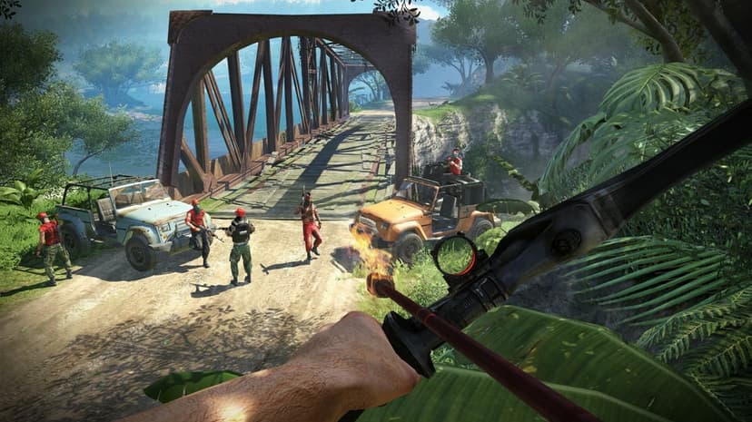 Hand holding a flaming arrow aimed at armed men by a rusty bridge and vehicles in a sunny tropical jungle.