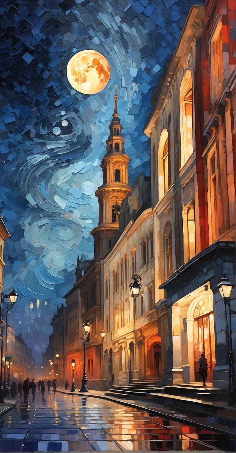 Luminous full moon hangs over a wet cobblestone street with gas lamps and a tall church spire at night.