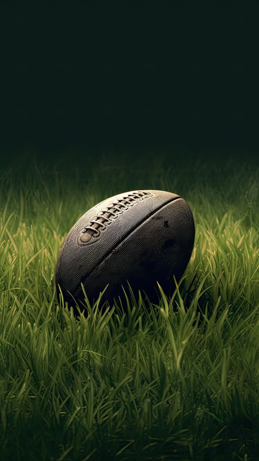 American football with white laces sits in thick green grass under a dramatic spotlight on a dark field.