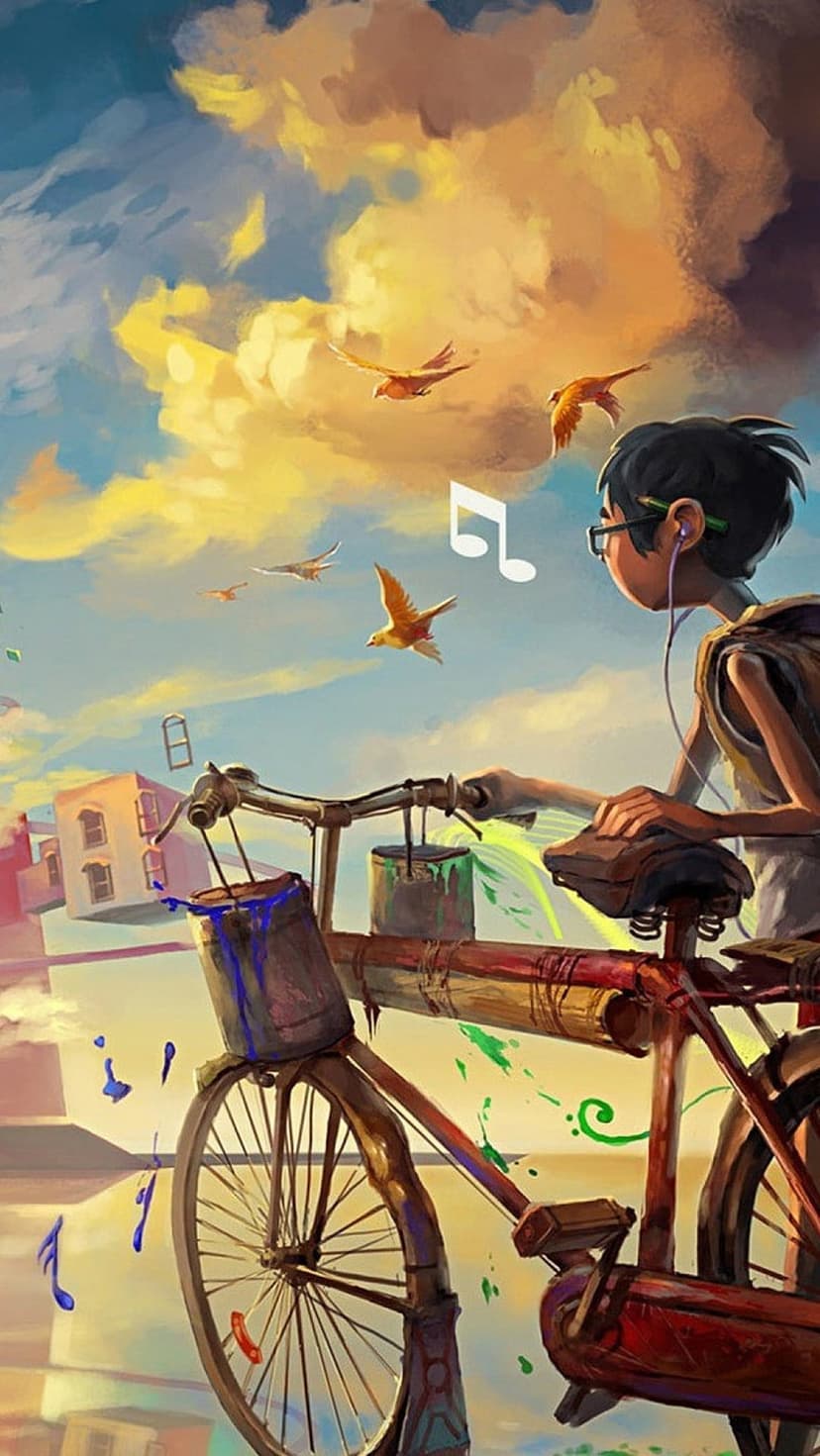 Boy with glasses and headphones rides a bike with dripping paint buckets among birds and floating musical notes.
