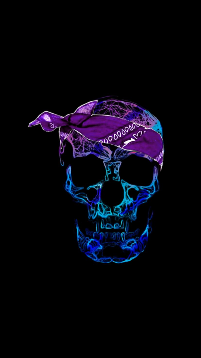 Skull wearing a purple bandana features a thin neon blue glowing outline centered on a solid black background.