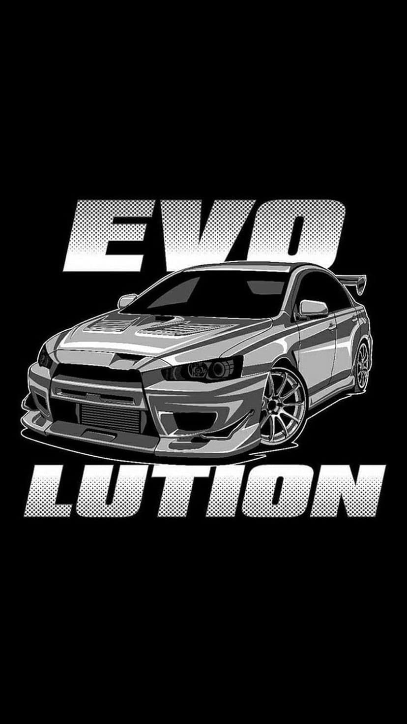 Mitsubishi Lancer Evolution sports car centered between stylized text elements in a high-contrast monochrome scene.