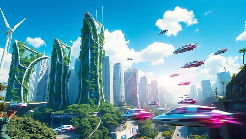 Verdant glass skyscrapers with vertical gardens and wind turbines under a bright sky with flying vehicles.