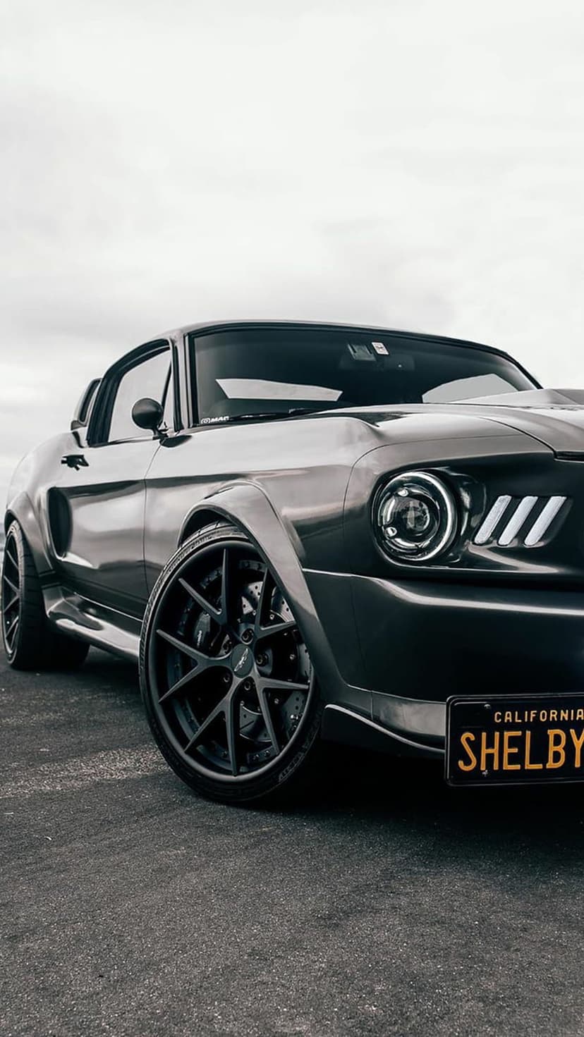 Shelby Mustang with black performance wheels and aggressive fenders parked on a road under an overcast grey sky.