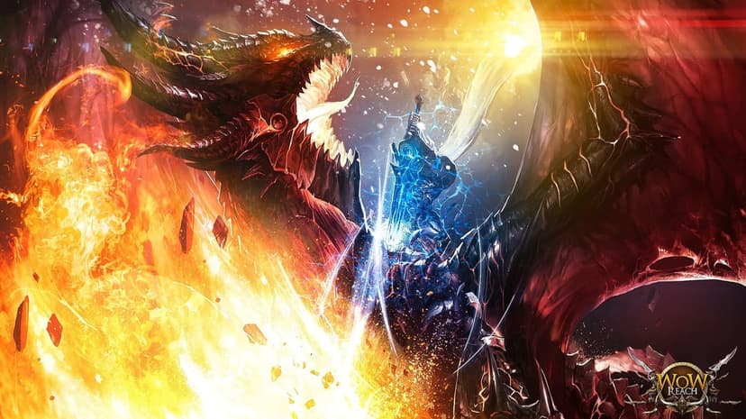 A black dragon roars at a knight holding a glowing blue sword amidst orange flames and magical light.