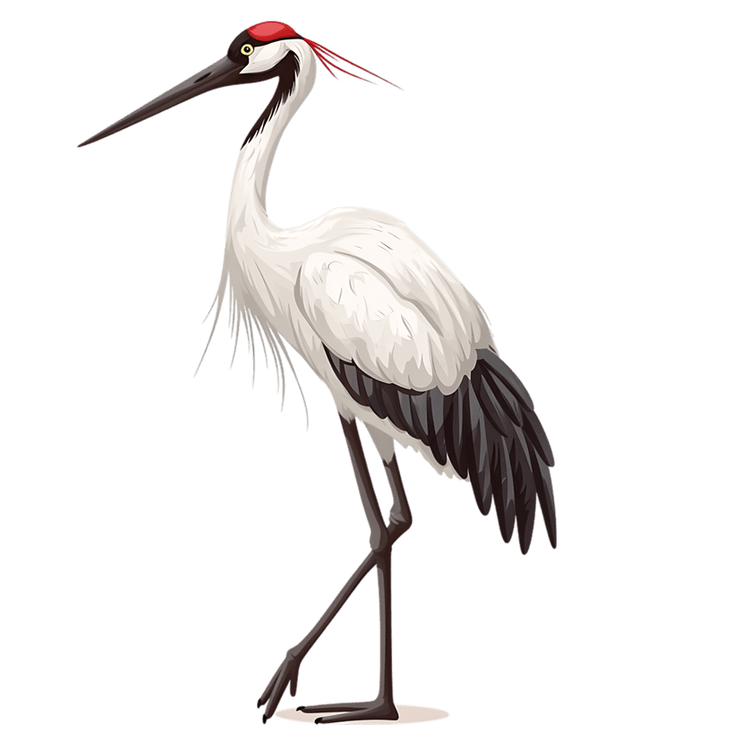 Red-crowned crane illustration shows white plumage, black wings, and a red crest against a dark backdrop.