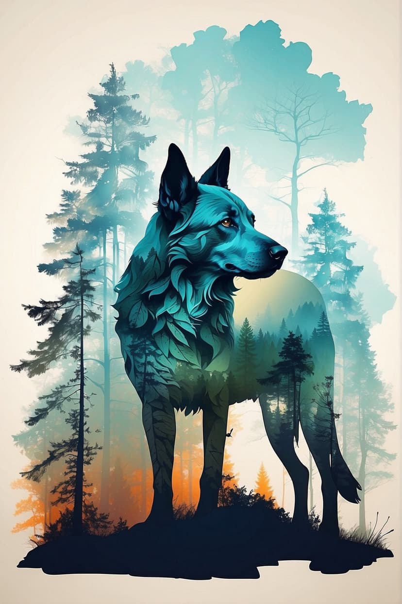 Wolf silhouette filled with teal pine leaves stands before a misty forest under a glowing orange and amber sky.
