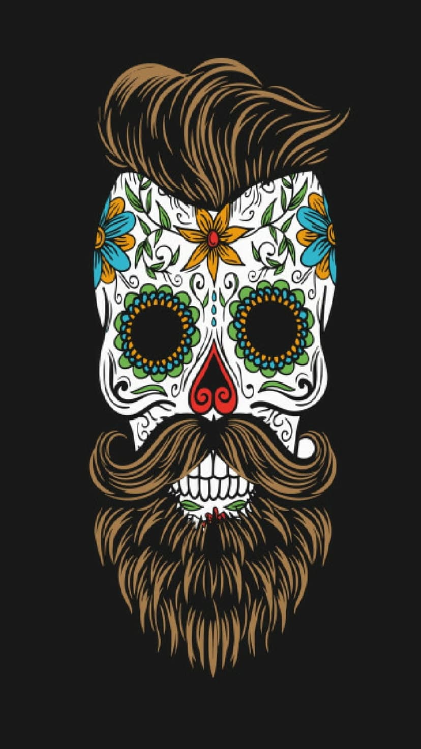 Bearded sugar skull with colorful floral patterns, a thick mustache, and intricate folk art facial decorations.