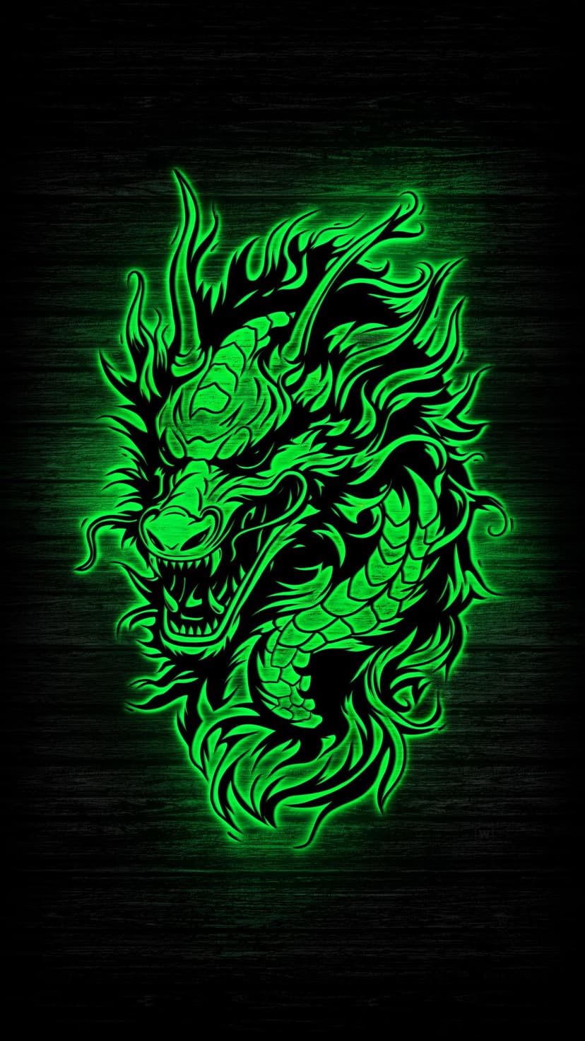 Radiant green dragon head with tribal patterns and sharp teeth glows against a dark textured background.