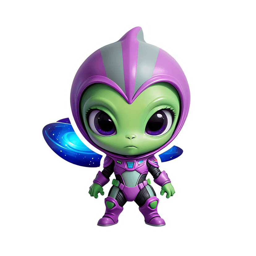 Green chibi alien wearing a purple sci-fi suit stands before a blue swirling galaxy with a white sticker outline.