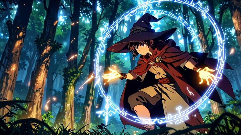 Witch in a pointed hat stands within a glowing blue runic circle casting a spell in a dense, dark forest setting.