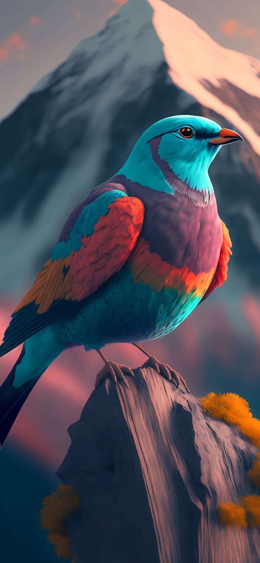 Colorful bird with blue and orange feathers perches on a rock with snowy mountains and a pink sky behind it.