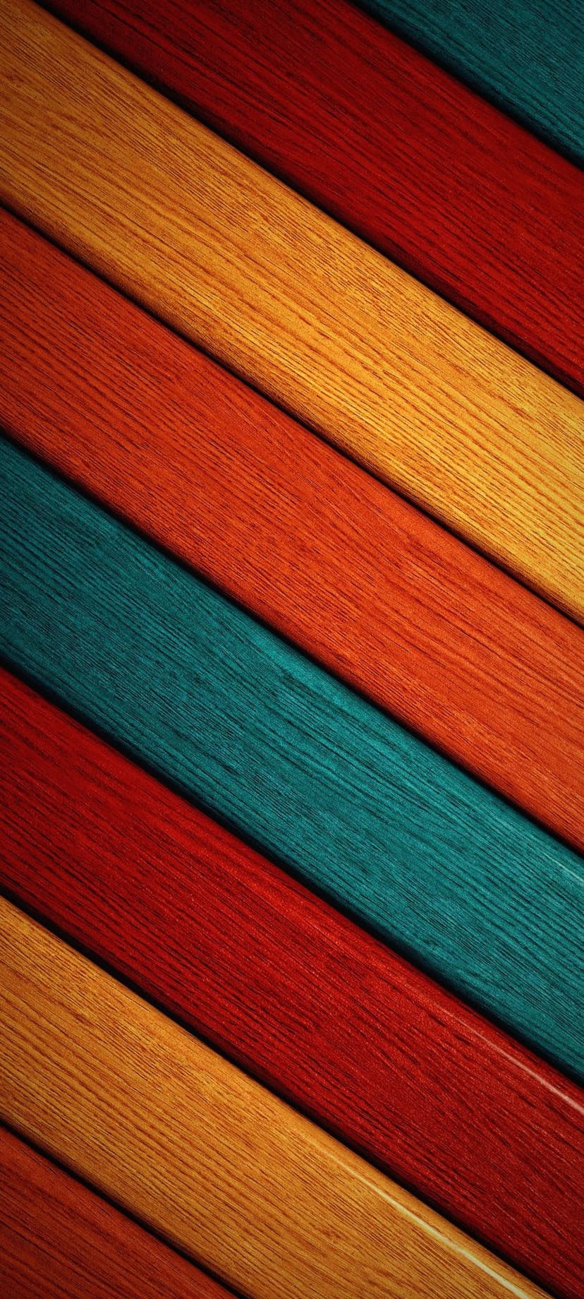 Diagonal wooden slats in red, teal, and orange show visible grain textures in a vertical abstract pattern.
